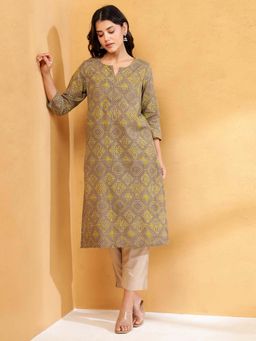 Fabindia - Grey Cotton Ajrakh Printed Long Kurta