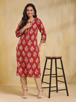 Fabindia - Maroon Cotton Bagru Printed Long Kurta
