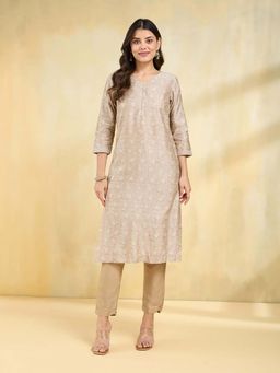 Fabindia - Beige Cotton Silk Hand Block Printed Long Kurta