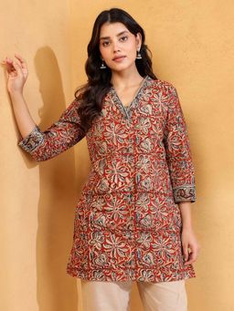 Fabindia - Maroon Cotton Kalamkari Printed Slim Fit Short Kurti
