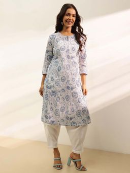 Fabindia - Blue Cotton Printed Slim Fit Kurta