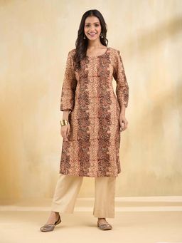 Fabindia - Maroon Cotton Kalamkari Printed Slim Fit Kurta