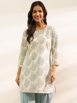 Fabindia - Blue Natural Cotton Printed Slim Fit Short Kurti