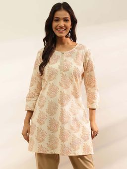 Fabindia - Pink Natural Cotton Printed Slim Fit Short Kurti