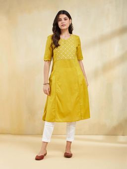 Fabindia - Mustard Cotton Hand Embroidered Slim Fit Long Kurta