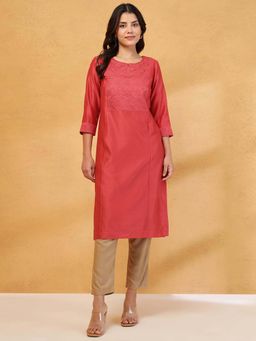 Fabindia - Red Cotton Silk Embroidered Long Kurta