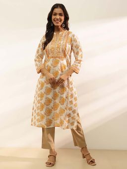 Fabindia - Yellow Natural Cotton Printed Long Kurta