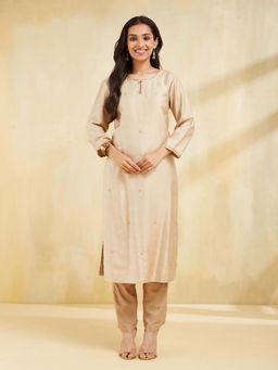 Fabindia - Beige Viscose Silk Embroidered Long Kurta