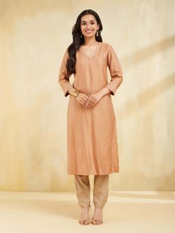 Fabindia - Beige Viscose Silk Embroidered Slim Fit Long Kurta