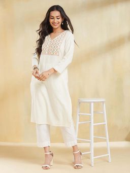 Fabindia - Off White Cotton Calf Length Kurta