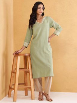 Fabindia - Green Cotton Regular Fit Long Kurta