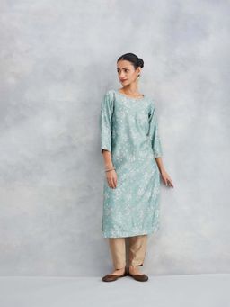 Fabindia - Blue Cotton Silk Hand Block Printed Long Kurta