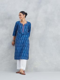 Fabindia - Blue Cotton Ikat Woven Long Kurta