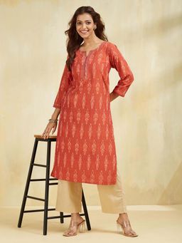 Fabindia - Orange Cotton Woven Long Kurta