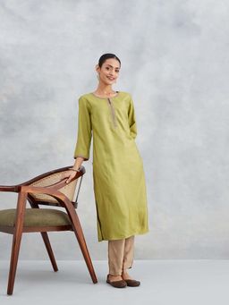 Fabindia - Green Viscose Silk Embroidered Long Kurta