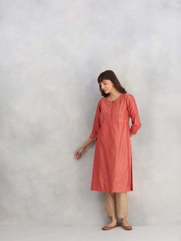 Fabindia - Pink Cotton Silk Embroidered Long Kurta