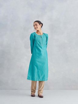 Fabindia - Turquoise Cotton Silk Embroidered Long Kurta