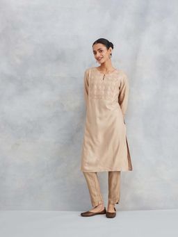 Fabindia - Beige Viscose Silk Embroidered Kurta