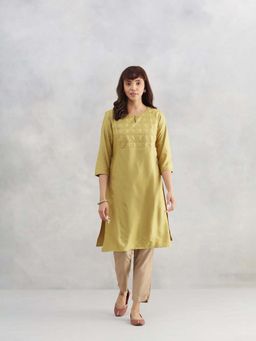 Fabindia - Green Viscose Silk Embroidered Kurta