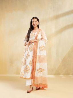 Fabindia - White Cotton Printed Slim Fit Kurta and Dupatta