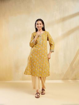 Fabindia - Mustard Cotton Bagru Printed Kurta