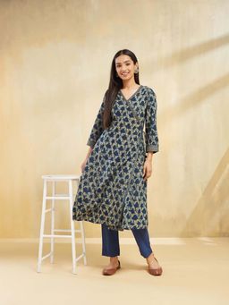 Fabindia - Indigo Cotton Hand Block Printed Slim Fit Long Kurta