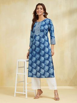 Fabindia - Indigo Cotton Printed Slim Fit Long Kurta