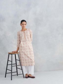 Fabindia - Pink Natural Cotton Hand Block Printed Long Kurta