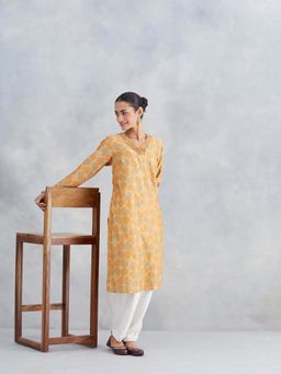 Fabindia - Mustard Cotton Silk Printed Kurta