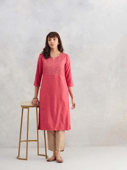 Fabindia - Pink Viscose Silk Embroidered Slim Fit Long Kurta