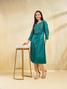 Fabindia - Teal Viscose Silk Embroidered Slim Fit Long Kurta