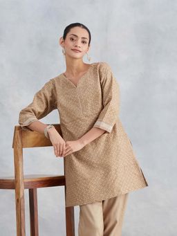 Fabindia - Beige Cotton Silk Printed Slim Fit Short Kurti