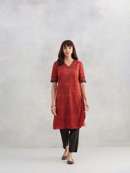 Fabindia - Maroon Cotton Hand Block Printed Kurta