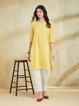 Fabindia - Yellow Cotton Chikankari Kurta