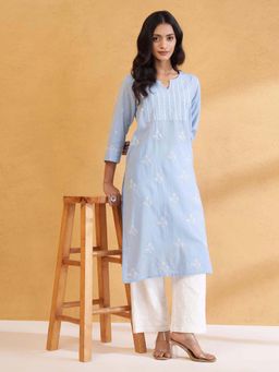 Fabindia - Blue Cotton Chikankari Long Kurta