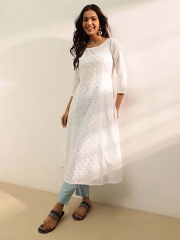 Fabindia - White Cotton Blend Chikankari Slim Fit Long Kurta