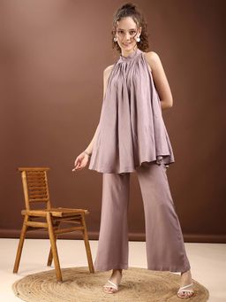Tikhi Imli - Taupe Coloured Rayon Top with Bell Bottom Pant (Set of 2)