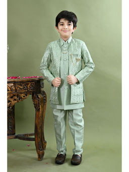 BT DEZINES - Green Sherwani with Kurta Pant and Necklace (Set of 4)