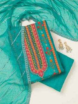 Koskii - Rama Green Zari Work Unstitched Kurta with Unstitched Bottom and Dupatta (Set of 3)