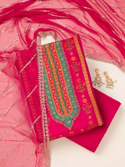 Koskii - Rani Pink Zari Work Unstitched Kurta with Unstitched Bottom and Dupatta (Set of 3)