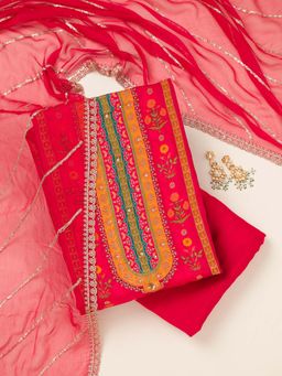 Koskii - Red Zari Work Unstitched Kurta with Unstitched Bottom and Dupatta (Set of 3)