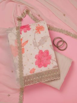 Koskii - Cream Zari Work Unstitched Kurta with Unstitched Bottom and Dupatta (Set of 3)