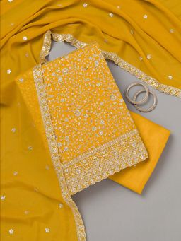 Koskii - Mustard Thread Work Georgette Unstitched Kurta with Unstitched Bottom and Dupatta (Set of 3)