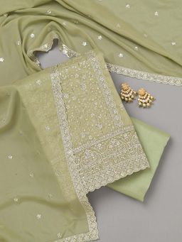 Koskii - Green Zari Work Georgette Unstitched Kurta with Unstitched Bottom and Dupatta (Set of 3)