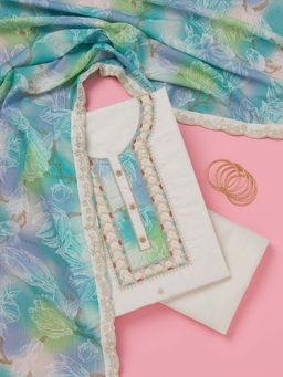 Koskii - Blue Zari Work Unstitched Kurta with Unstitched Bottom and Dupatta (Set of 3)