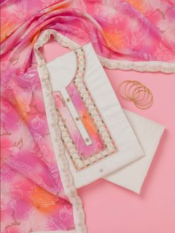 Koskii - Pink Zari Work Unstitched Kurta with Unstitched Bottom and Dupatta (Set of 3)