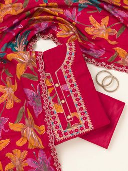 Koskii - Maroon Zari Work Unstitched Kurta with Unstitched Bottom and Dupatta (Set of 3)