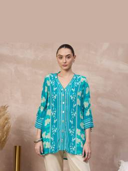 First Resort by Ramola Bachchan - Sky Blue Floral Mirror Embroidered Tassel Top