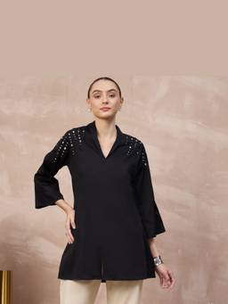 First Resort by Ramola Bachchan - Black Geometric Mirrorwork Top