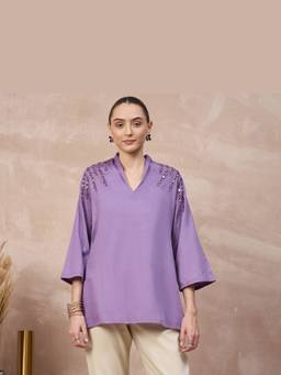 First Resort by Ramola Bachchan - Lavender Lilac Geometric Mirrorwork Top